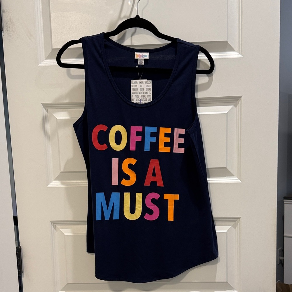 Lularoe Graphic Tank Top - "Coffee Is A Must" Navy